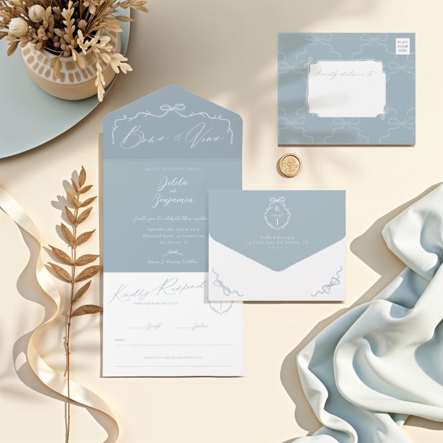 Elegant Handritad Monogram med Slinga och Band Brö (Elegant Hand Drawn Blue Bow & Ribbon Monogram Wedding All In One Invitation)