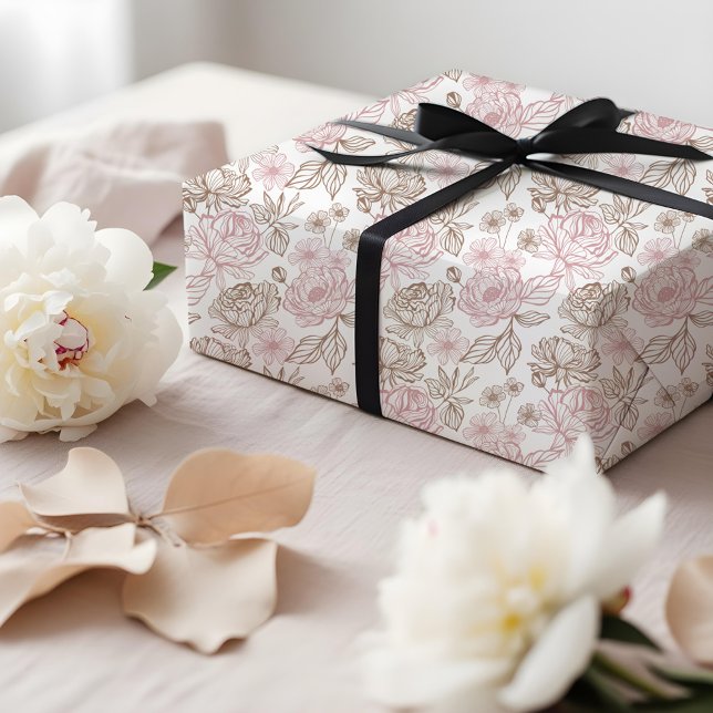 Elegant Handritad Peony & Blad Blommig Mönster Presentpapper (Elegant Hand-Drawn Peony & Leaf Floral Pattern Wrapping Paper)