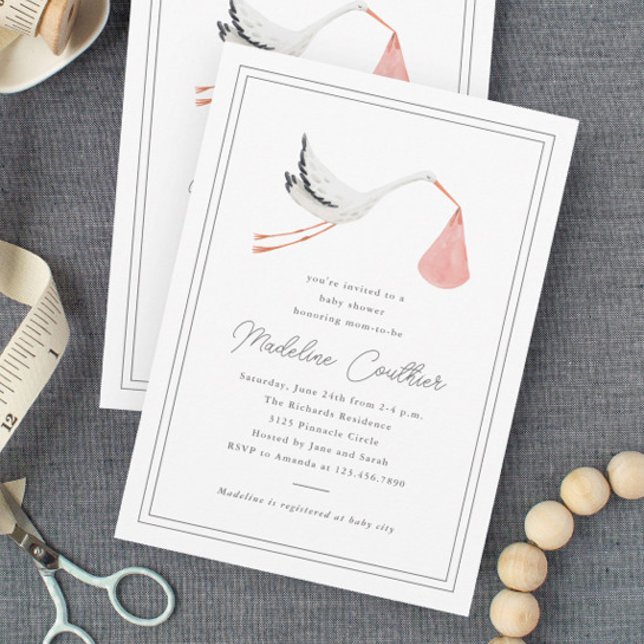 Elegant Handritad Stork Flicka Barnkalas Inbjudningar (Elegant hand drawn stork girls baby shower invitations.)