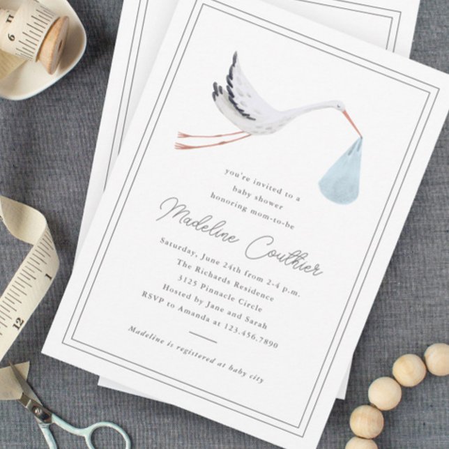 Elegant Handritad Stork Pojkar Bebis Badrum Inbjudningar (Elegant hand drawn stork baby shower invitation.)