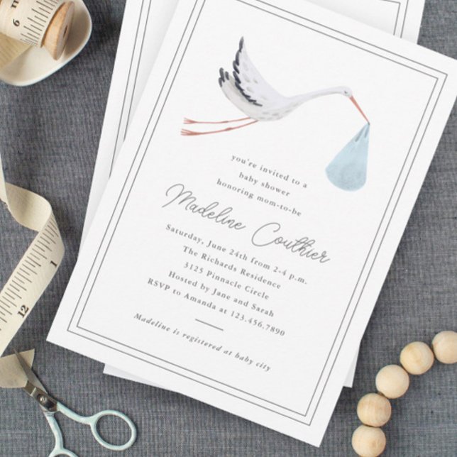 Elegant Handritad Stork Pojkar Bebis Badrum Magnetisk Inbjudningskort (Elegant hand drawn stork baby shower magnetic invitations.)