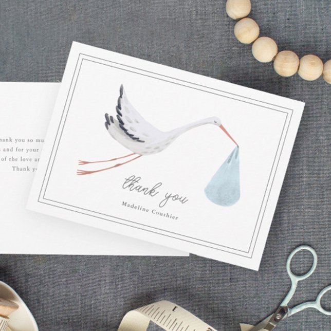 Elegant Handritad Stork Pojkar Bebisdopp Tack Kort (Elegant hand painted blue stork boys baby shower thank you cards.)