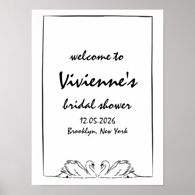 Elegant Handritad Svandesign Bröllopsfest Välkomst Poster (Framsidan)