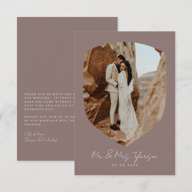 Elegant Handskriftlig Framed Photo Mauve Bröllop Tack Kort (Fram/baksida)