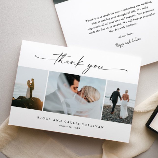 Elegant handskriven bröllopsfotografi tack kort (Elegant handwritten wedding photo folded thank you cards.)