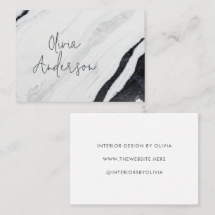 Elegant Handskriven Namn Black White Marble Visitkort