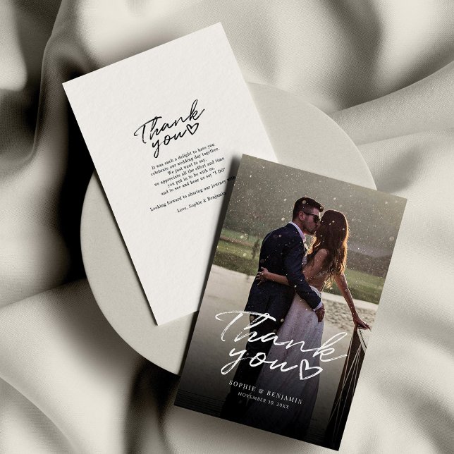 Elegant Handskriven Photo Bröllop Tack Anteckningskort (Wedding Photo Script Handlettered Thank You Card)