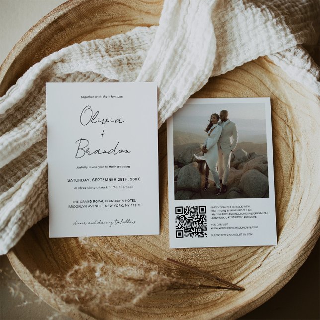 Elegant Handskriven QR-kod Ram Photo Bröllop Inbjudningar (Elegant Handwritten QR Code Frame Photo Wedding Invitation)