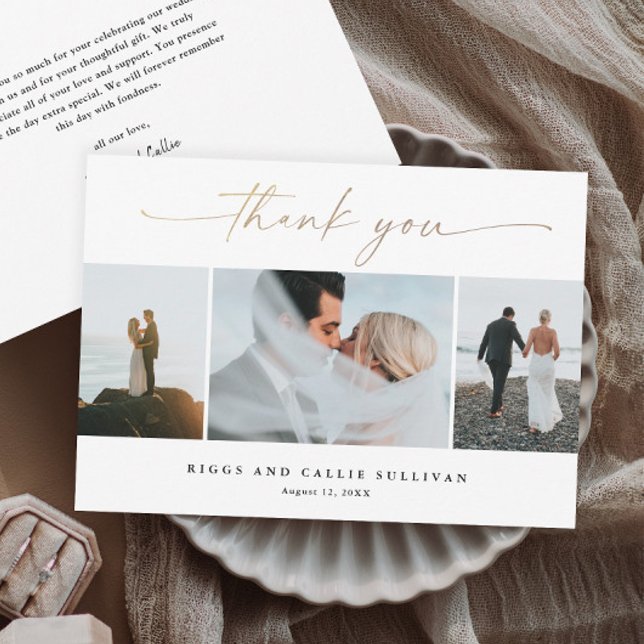 Elegant Handskrivet Guld-skript Bröllop-foto Tack Kort (Elegant handwritten gold script wedding photo thank you cards.)