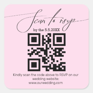 elegant handstil rsvp qr-kod bröllop rosa fyrkantigt klistermärke