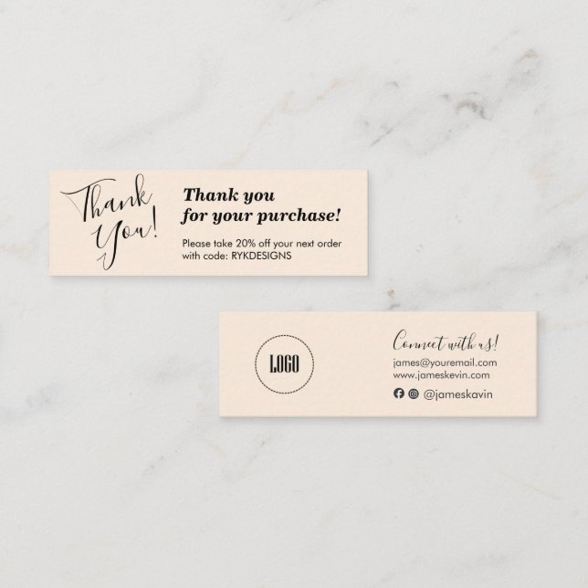 Elegant handwriting script  thank you blush card mini visitkort (Fram/baksida)