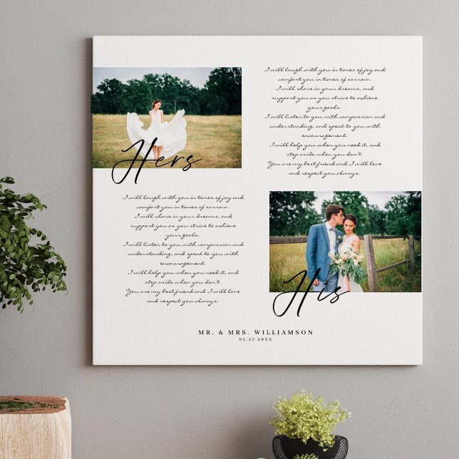 Elegant Hans och Hers Bröllop ger minst två foto Canvastryck (Elegant His & Hers Wedding Vows Minimal Two Photo Canvas Print)