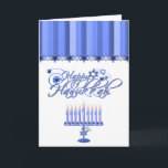 Elegant Hanukkah-hälsningskort Helgkort<br><div class="desc">Elegant Hanukkah-hälsningskort, med vacker grafik av blå menorah, grund på kortet och finare grafisk text som läser Lycklig Hanukkah, i mitten. En blå stripe mönster överst har en blå stjärna gräns. Inuti hälsning i blåskript kan du läsa vad du vill med anpassadet. Snyggt kort för att skicka den här julhelgen....</div>