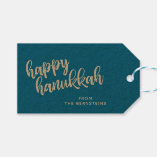 Elegant Hanukkah Modern Script Blue Personlig Presentetikett
