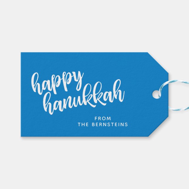Elegant Hanukkah Modern Script Blue Personlig Presentetikett (Framsidan (Horisontell))