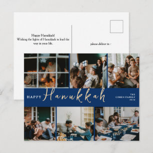 Elegant Hanukkah-typografi Blå familjefoto Helg Vykort