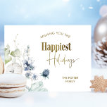 Elegant Happest Helgdagar, Winter Greenery Helgdag Vykort<br><div class="desc">Anpassa det här vackra helgdag-vykortet med egna namn och meddelanden! Konstruktion med en fantastisk vintergrön och frasen "Happiest Helgdagars" i faux guld foil modern skript och blocktypografi. Finns även som platta kort och vikta kort. En del av vår "Happiest Helgdagars Winter Greenery"-samling med en mängd olika samordningsprodukter tillgängliga, inklusive kuvert,...</div>