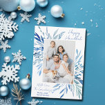Elegant Happy Hanukkah Blue Botanical Family Photo Julkort<br><div class="desc">Beautiful blue watercolor botanical leaves spring out of your vertical Jewish family photograph for a Happy Hanukkah. Personalize this elegant Chanukah photo card with a 2nd horizontal picture on the back.</div>