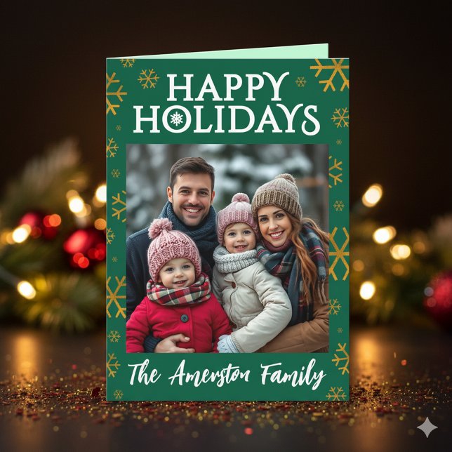 Elegant Happy Holidays Gold Foil Snowflakes Photo Helgkort (Elegant Happy Holidays Photo Gold Foil Snowflakes Christmas Greeting Card Cover Photo)