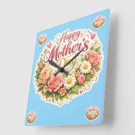 Elegant happy Mother's Day floral wreath Fyrkantig Klocka