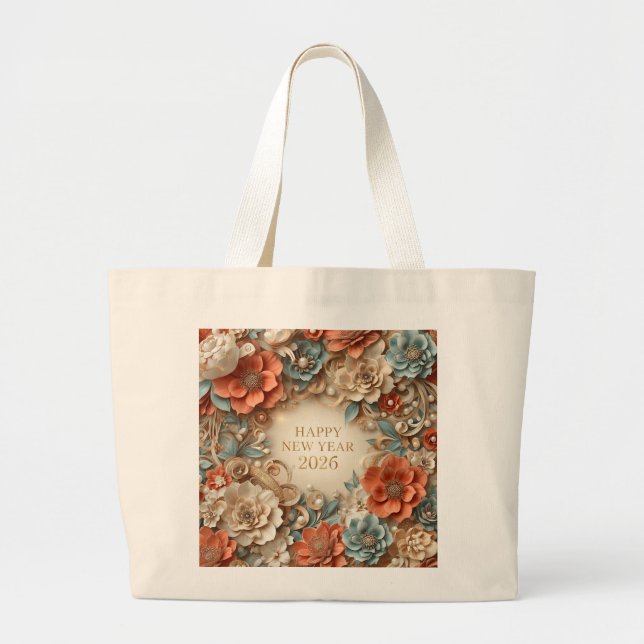 elegant happy new year 2026 floral tote bag jumbo tygkasse (Framsidan)