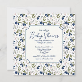 Elegant Haskap Bär Rosa Blommor Baby Shower Inbjudningar