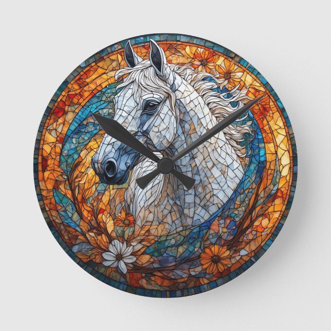 Elegant Häst Glasmosaikporträtt Rund Klocka (Framsida)