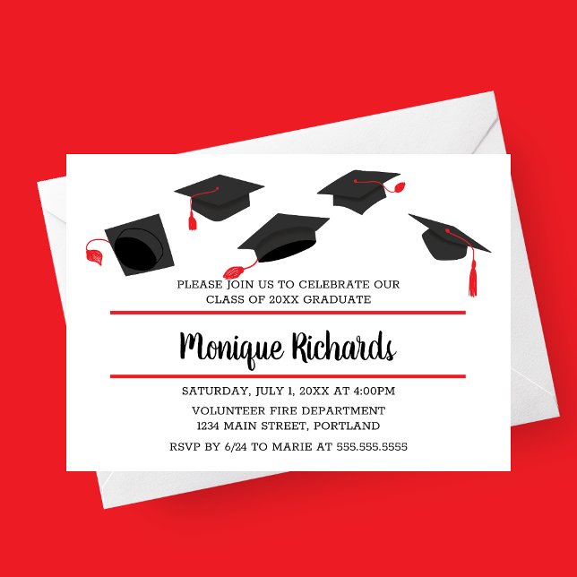 Elegant Hat Toss Studentfest-inbjudan Inbjudningar (Red Horizontal Classical Hat Toss Graduation Party Invitation)