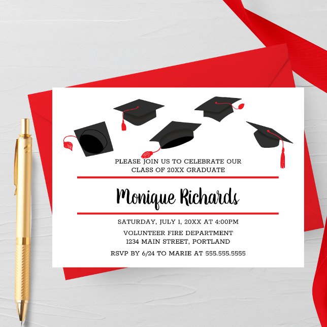 Elegant hattkastning examensfest inbjudan (Red Horizontal Classical Hat Toss Graduation Party Invitation)