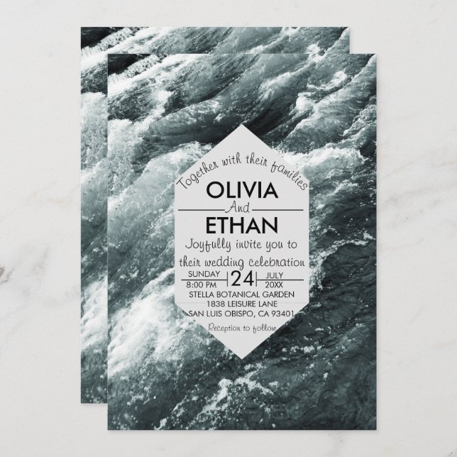 Elegant Havsblå inbjudan till vinkara bröllop (Fram/baksida)