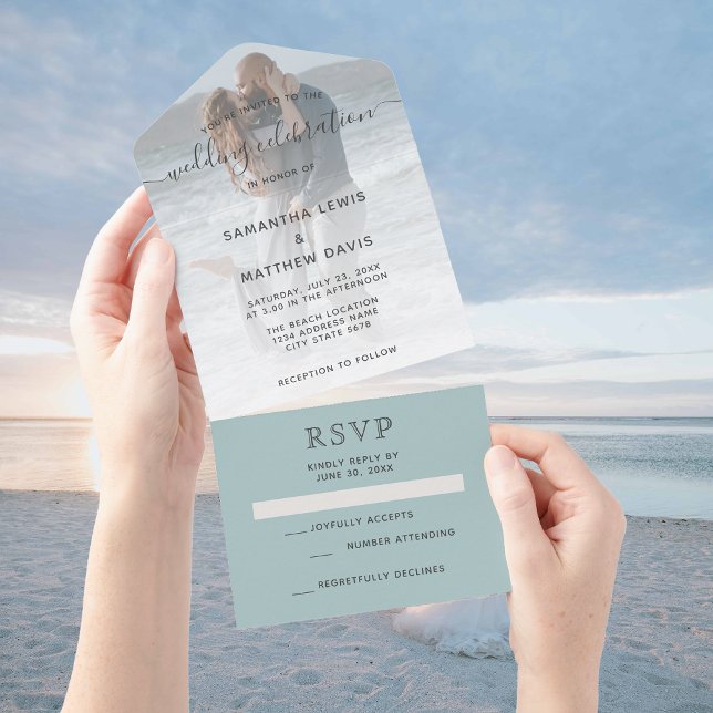 Elegant Havsglas Dammblå Foto Strand Bröllop (Skapare uppladdad)