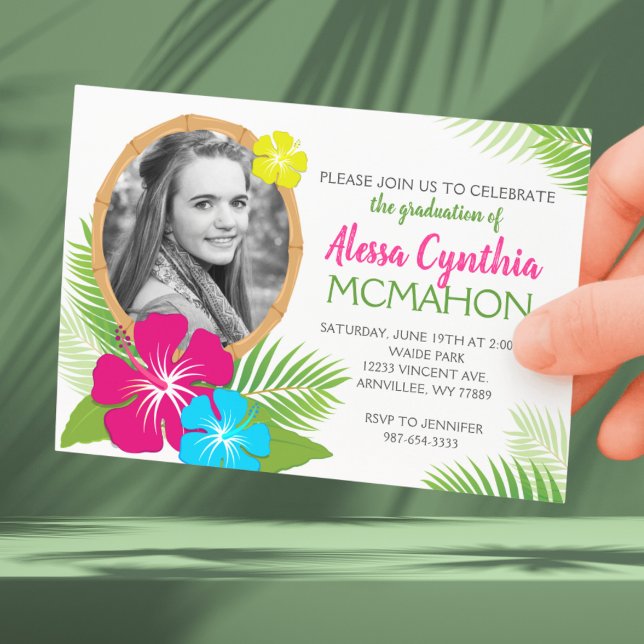 Elegant Hawaiian Luau Studenten Photo Inbjudningar (Tropical Luau 1 Photo Graduation Invitations. Class Year on Back)