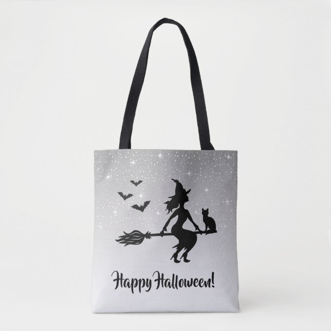 Elegant häxa grå och svart Glad Halloween Tygkasse (Framsida)