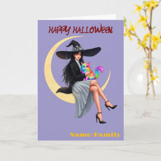 Elegant häxa och regnbågskatt Halloween Kort