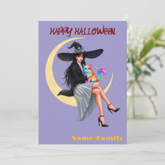 Elegant häxa och regnbågskatt Halloween Kort