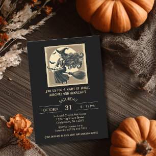 Elegant häxa på kvast Vintage Halloween Svart Inbjudningar