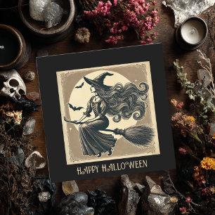 Elegant häxa på kvast Vintage Halloween Svart Kort