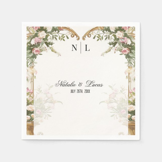 Elegant Heart Arch  Blommigt och Guld Bröllop Pappersservett (Framsidan)