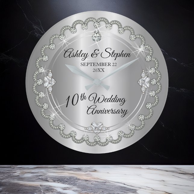 Elegant Heart Diamonds tioårsdag Bröllop Stor Klocka (Elegant Heart and Printed (Faux) Diamonds 10th Wedding Anniversary Large Clock)