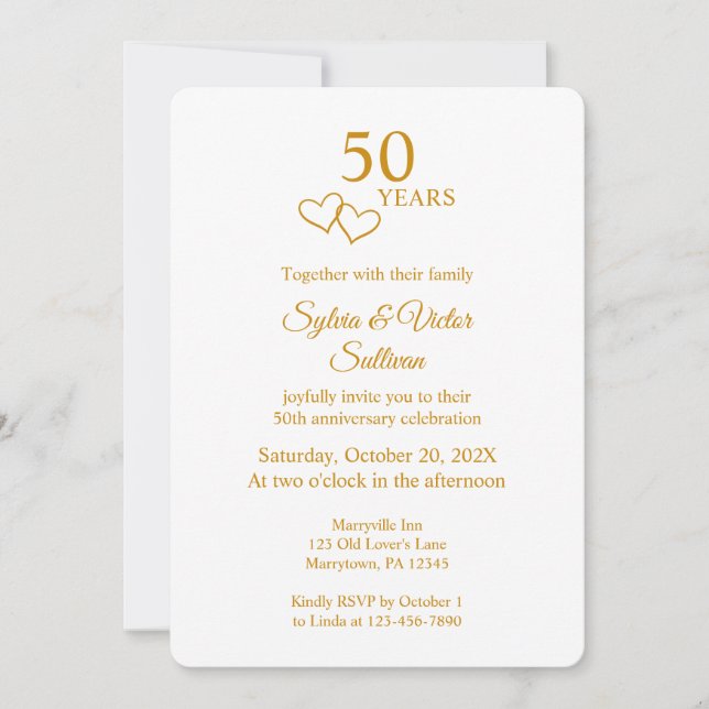 Elegant Heart Golden 50th Wedding Anniversary Inbjudningar (Framsida)