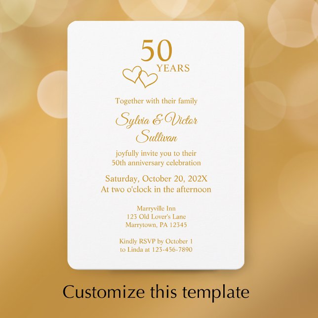 Elegant Heart Golden 50th Wedding Anniversary Inbjudningar (Personalize this modern elegant golden 50th wedding anniversary party invitation.
)