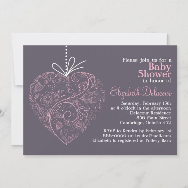 Elegant Heart Ornament Lila Baby Shower Inbjudningar (Framsida)
