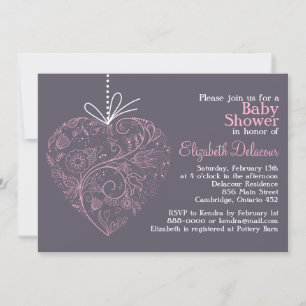 Elegant Heart Ornament Lila Baby Shower Inbjudningar
