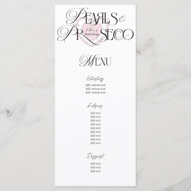 Elegant Heart Pearls Prosecco Bubly Möhippa Meny (Framsida)