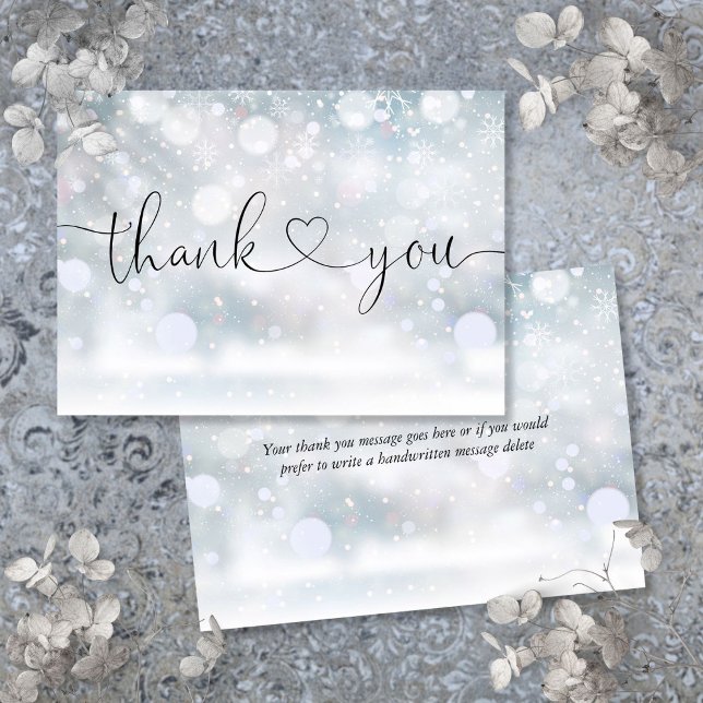 Elegant Heart-skript för Winter Snöflingor Tack Kort (Winter Snowflakes Elegant Heart Script Thank You Card)