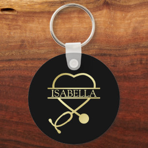 Elegant Heart Stethoscope Black Guld Lägg till Nam Nyckelring