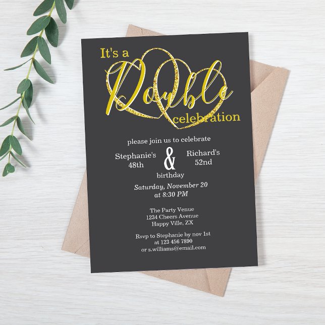 Elegant Hearts Black Guld Joint Birthday Inbjudningar (Skapare uppladdad)