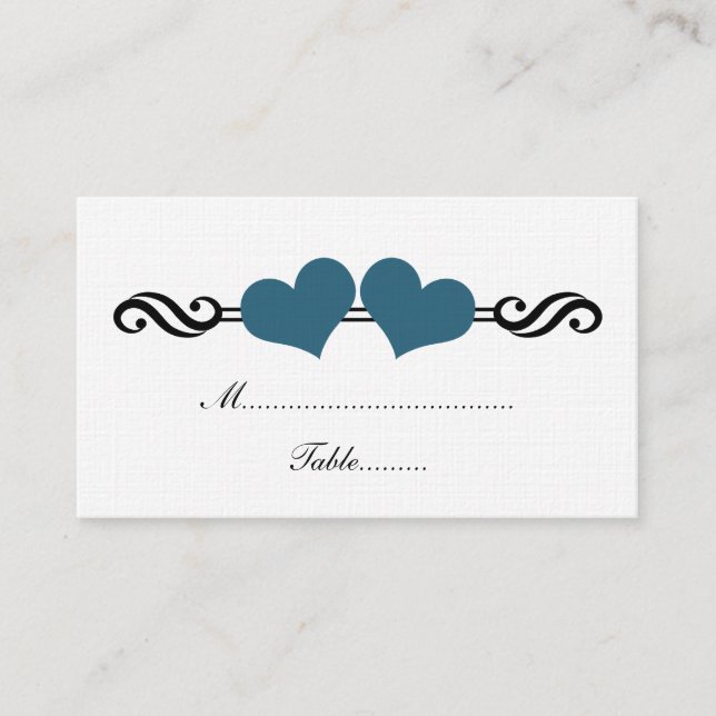 Elegant Hearts Bröllop Place Card, Blue Placeringskort (Framsida)