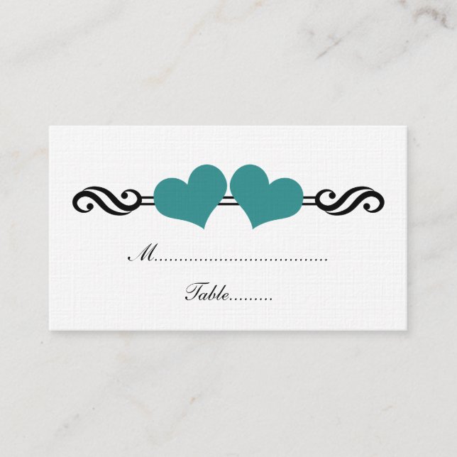 Elegant Hearts Bröllop Place Card, Teal Placeringskort (Framsida)