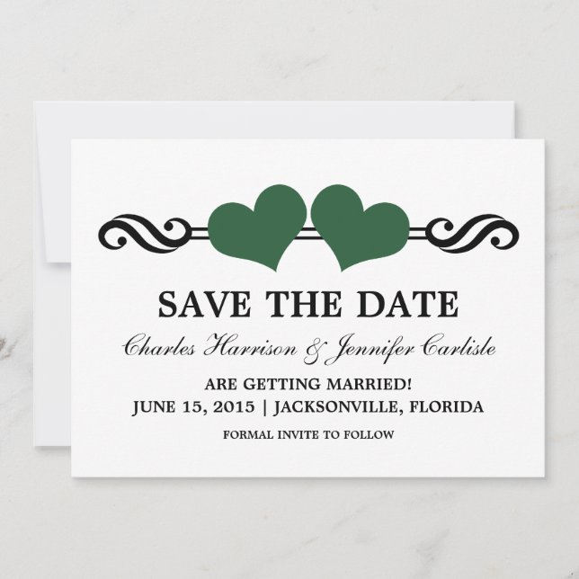 Elegant Hearts Save the Date Inbjudan, Grön Inbjudningar (Framsida)